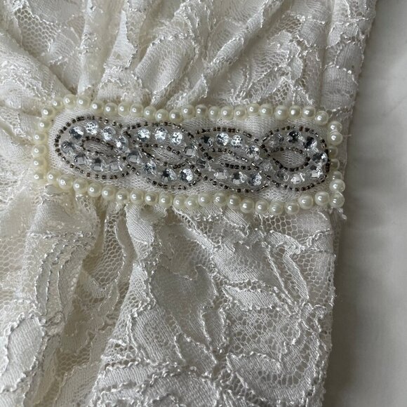 Scarlett Ivory Gold Lace Bell Sleeve Ruched Embellished Bead Accent Blouse Top M - Picture 2 of 9